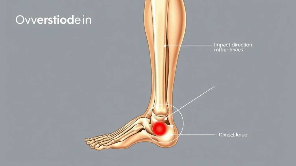오버스트라이드 시 발의 위치와 무릎에 가해지는 충격 방향을 설명하는 다이어그램