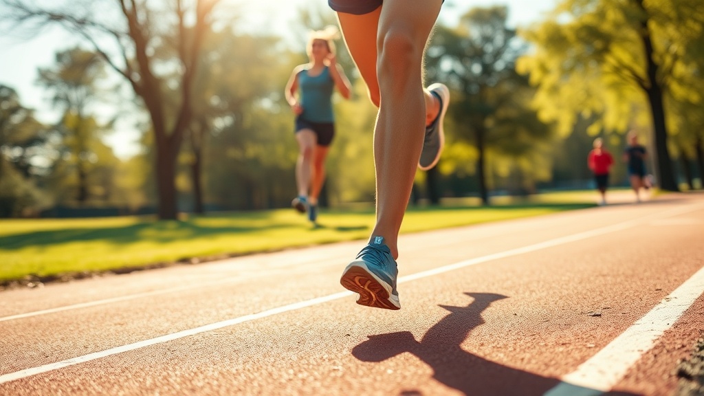 햇살이 비치는 공원 트랙에서 가벼운 발걸음으로 달리고 있는 러너의 다리 움직임