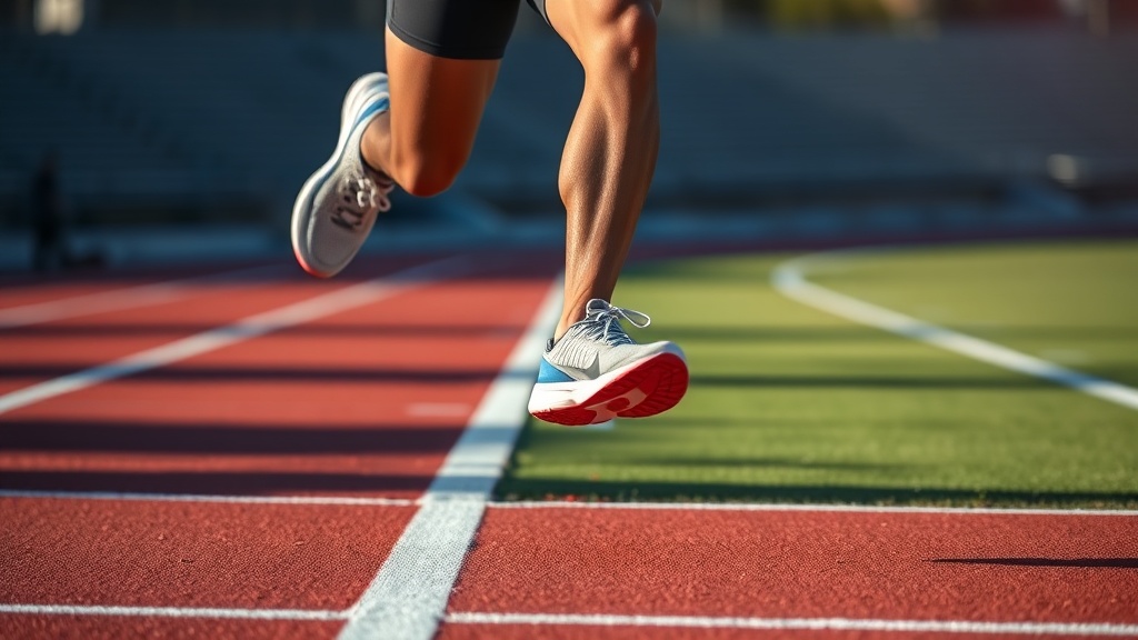 부상을 방지하기 위해 올바른 미드풋 착지를 연습하며 트랙을 달리는 러너의 측면 모습